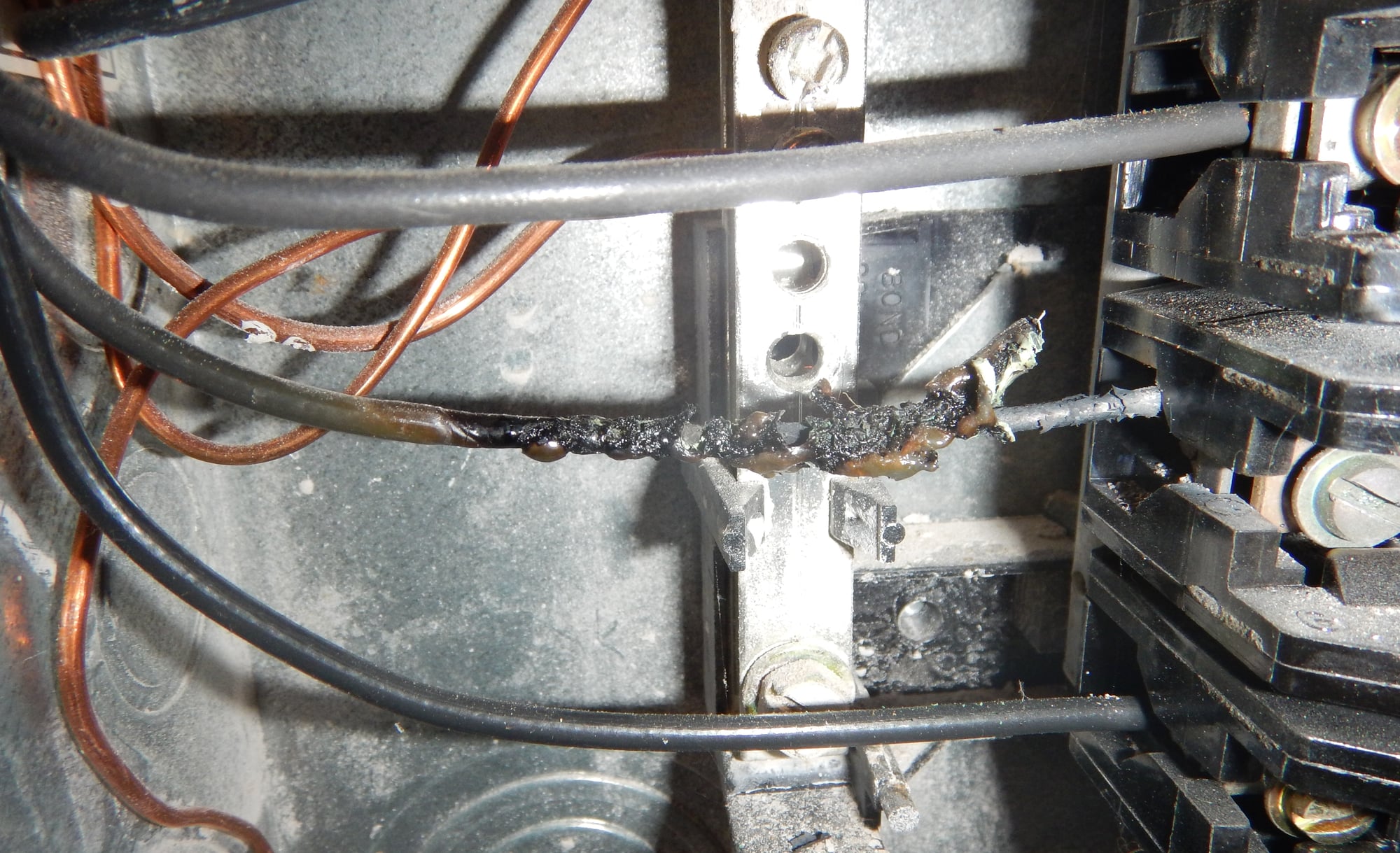 Close-up inside an electrical panel showing a black-insulated conductor with melted, blistered, and charred insulation near a circuit-breaker terminal